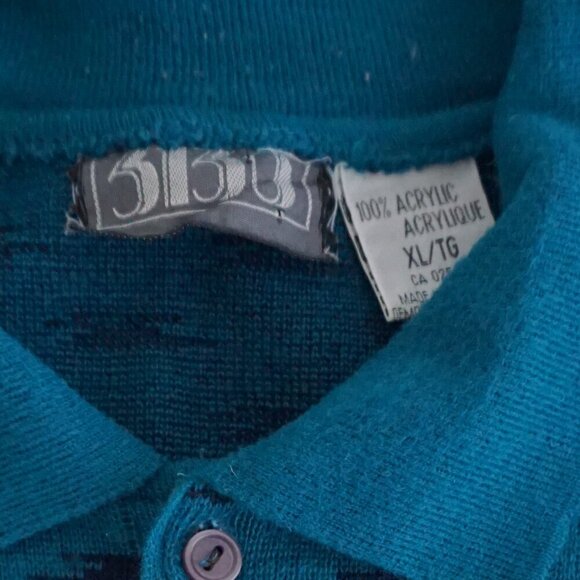VTG '80S 3130 Teal Black Eclectic Grandpa Boxy Fit Fine Knit Collared Sweater XL - Picture 4 of 9